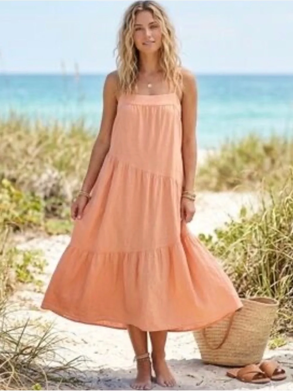 NWT ABERCROMBIE & FITCH Linen-Blend Cottage Asymmetrical Tiered Maxi Dress L